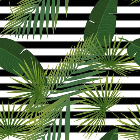 Beautiful tropical abstract color and green palm leaves seamless vector pattern on a background of geometric diagonal black and white lines. Vector illustrationのイラスト素材