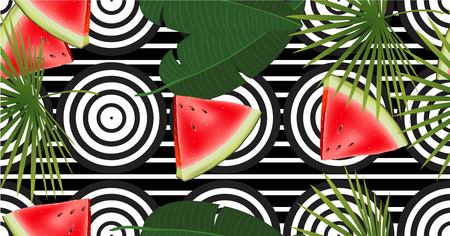 Tropical abstract color and green palm leaves seamless vector pattern on a background of geometric diagonal black and white lines. Realistic watermelon piece.のイラスト素材