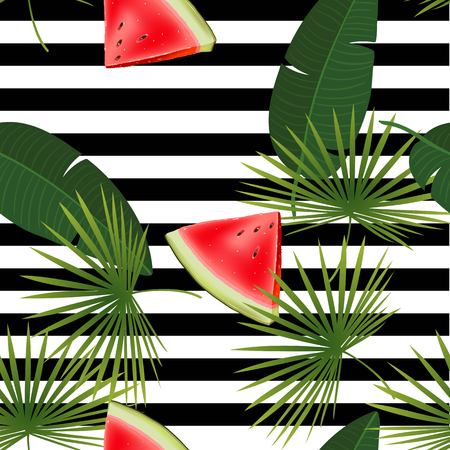 Beautiful tropical abstract color and green palm leaves seamless vector pattern on a background of geometric diagonal black and white lines. Realistic watermelon piece. Vector illustrationのイラスト素材