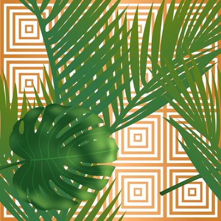 Summer tropical palm leaves seamless pattern on copper texture stripes. Vector illustrationのイラスト素材