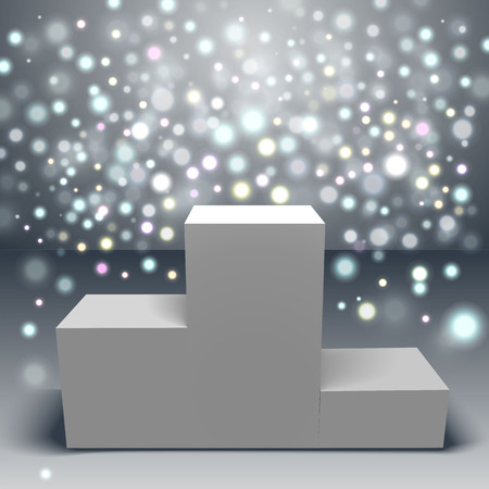 White winners podium with beam lights and bokeh lights. Stage for awards ceremony. Pedestal. Spotlight.のイラスト素材