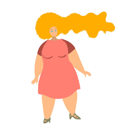 Woman with Big limbs in coral dress. Mother s day concept design element. Hand drawn illustration with noisy texture. Plus-size fashion girl.のイラスト素材