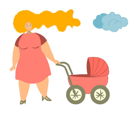 Mother with baby carriage vector illustration. Mom with newborn in pram. Woman with child walking in park flat clipart. Female cartoon character. Big limbs, small head. Noisy texture. Parenting, motherhood. Vector illustrationのイラスト素材