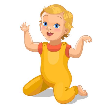 Realistic little baby in yellow suit. Cartoon baby character. Vector illustrationのイラスト素材
