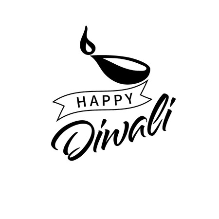 Handwritten lettering type composition of Happy Diwali with fire lamp. Typography poster for Diwali festival.のイラスト素材