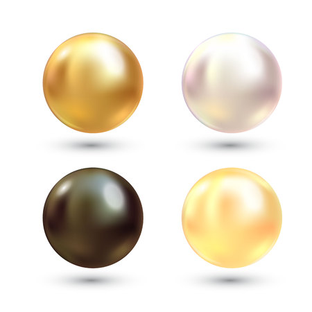 Realistic varicoloured pearls vector set. Precious pearl in sphere form. Pearl is luxury glossy stone illustrationのイラスト素材