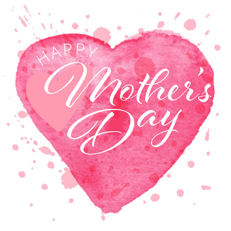 Happy Mothers Day Hand-drawn Lettering card. Typography poster on the background of watercolor pink heart.のイラスト素材