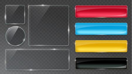 Glass plates set. Transparent and multicolored glass buttons. Vector glass banners on gray background. EPS 10のイラスト素材