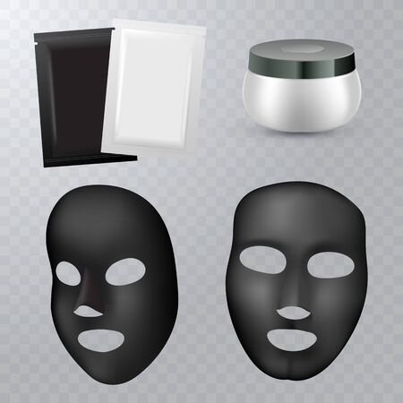 realistic black facial cosmetic sheet mask on transparent background for your design. Package design for face mask.のイラスト素材