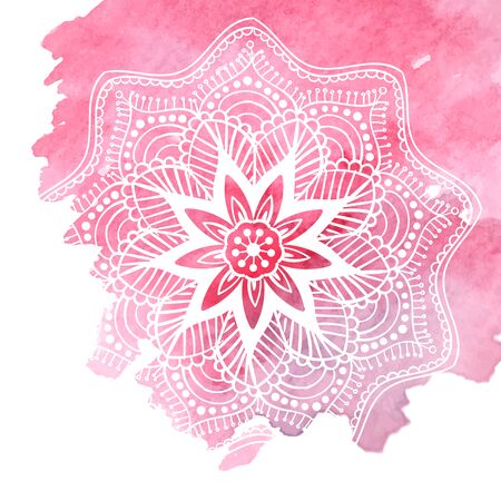 Round gradient mandala on white isolated background. boho mandala in green and pink colors. Mandala with floral patterns. Yoga templateのイラスト素材