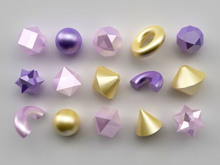 Set of 3d render realistic primitives on white background. Isolated graphic elements. Spheres,...