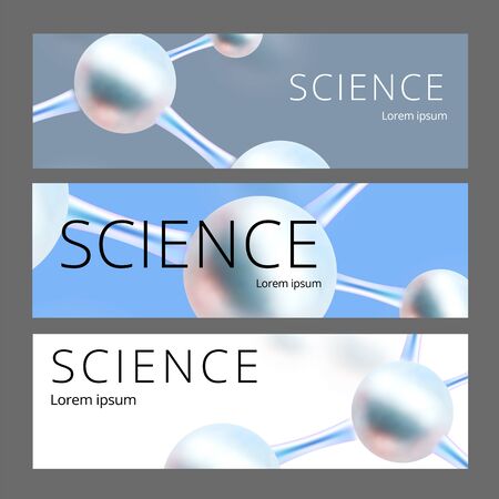 Molecular abstract web banners. Atoms. Medical background for banner or flyer. 3d Molecular structure with blue spherical particles. Vector illustration.のイラスト素材