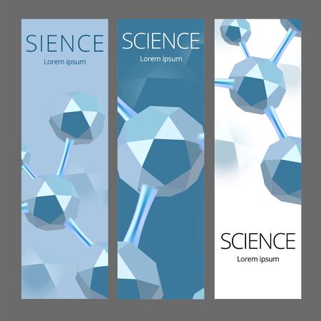 Molecular abstract web banners. Atoms. Medical background for banner or flyer. 3d Molecular structure with blue icosahedron particles. Vector illustration.のイラスト素材