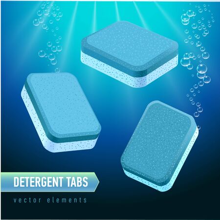 Dishwasher detergent tablet from different angles. Blue and White soap tabs on deep blue water background. Realistic water bubbles.のイラスト素材