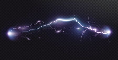 Vector realistic lightning. Thunderstorm and lightning. Magic electricity lighting effects. Realistic design element.のイラスト素材