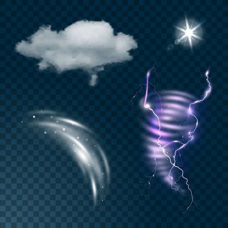 Weather realistic icons set isolated on dark transparent background vector illustration. Realistic cloud, sun flare, wind and lightning.のイラスト素材