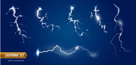 Set of isolated lightning effects on blue background. Thunder-storm magic and bright lightning effect. Realistic vector illustrationのイラスト素材