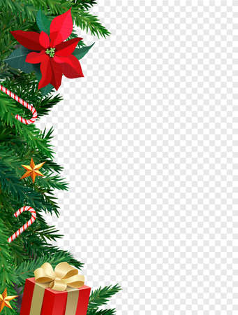 Christmas border with fir branches, sweet cane, candle and stars. Christmas card with place for your text. Mistletoe flower. Transparent background. Realistic vector illustration.のイラスト素材