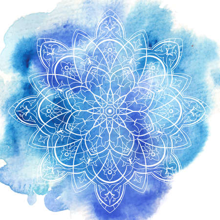 Blue watercolor paint background with white circular mandala pattern.