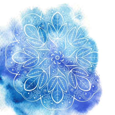 Blue watercolor paint background with white circular mandala pattern.のイラスト素材