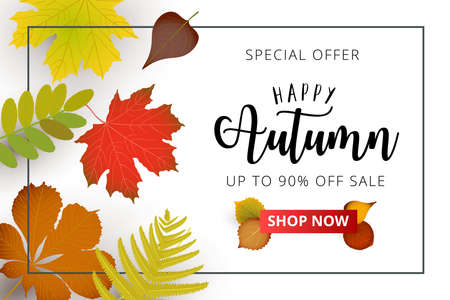 Autumn season advertising banner. Autumn falling red, yellow, orange, brown leaves on bright background. Sale banner template or promo poster.のイラスト素材