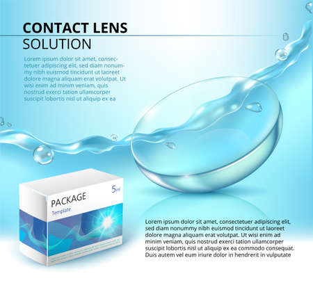 Ads template with realistic contact lens, water splash and medicine package. Blue advertising background.のイラスト素材
