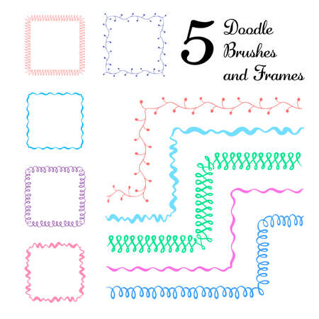 Vector set of five hand drawn brushes with corner tiles. Seamless pattern of different colors for frames, borders and design elements.のイラスト素材