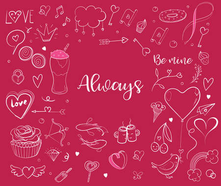 Hand drawn sketchy doodles for love and Valentine s Day objects and signs. Typography and callygraphyのイラスト素材