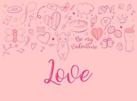Pink card for Valentine day with hand drawn sketchy doodles.のイラスト素材