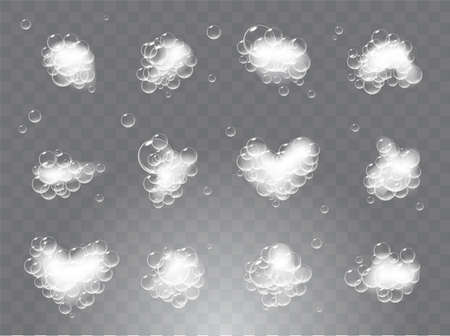 Pieces of soap foam with bubbles isolated on checkered transparent background. Sparkling shampoo and bath lather vector illustration.のイラスト素材