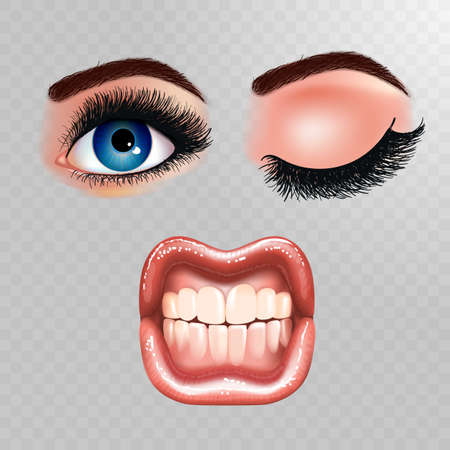 Set of beautiful female eyes with extended eyelashes and shining mouth with glossy lips. Grinning teeth. Checkered transparent background. Realistic Vector illustration.のイラスト素材