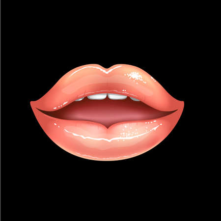 Shining beautiful female nude lips colored in pink lipstic color isolated vector illustration. Open mouth. Black backgroundのイラスト素材