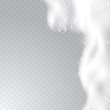 Realistic background with Soap foam. Bath laundry white bubbles, shampoo soap clean bubbling shiny washing hygiene detergent vector. Checkered transparent backgroundのイラスト素材