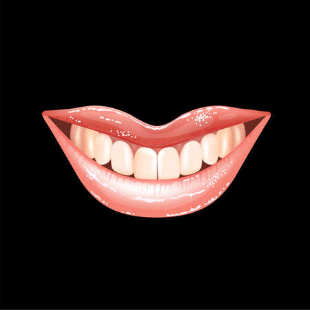 Shining beautiful female nude lips colored in pink lipstick color isolated vector illustration. Smile with teeth. Black backgroundのイラスト素材