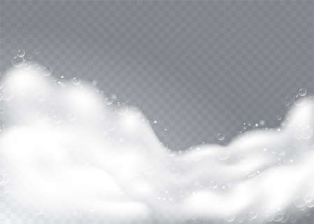 Realistic background with Soap foam. Bath laundry white bubbles, shampoo soap clean bubbling shiny washing hygiene detergent vector. Checkered transparent backgroundのイラスト素材