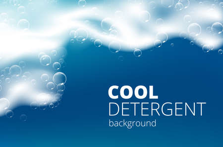 Beautiful blue background with realistic Soap foam with bubbles. Shampoo bubbles texture. Shiny washing hygiene detergent. Designed text. Vector illustrationのイラスト素材