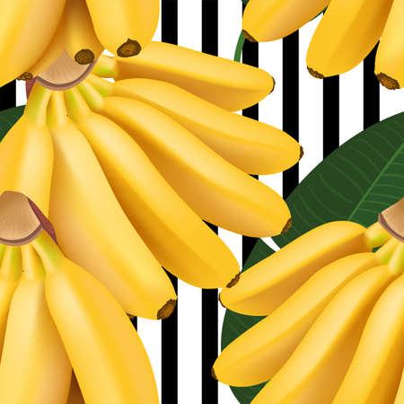 Trendy seamless pattern with baby banana bunch and tropical leaves. Vector realistic illustrationのイラスト素材