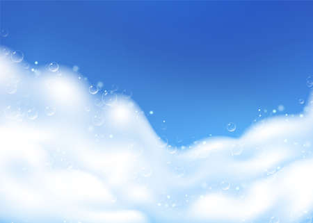 Beautiful blue background with realistic Soap foam with bubbles. Shampoo bubbles texture. Shiny washing hygiene detergent. Empty place for your text. Vector illustrationのイラスト素材