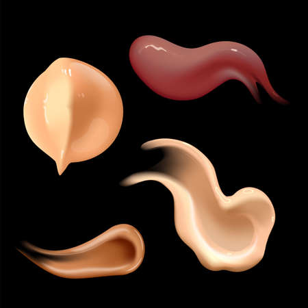 Set of realistic cosmetic cream smears. Skin toner of different body colors. Lotion smooth smear isolated vector texture on black background.のイラスト素材