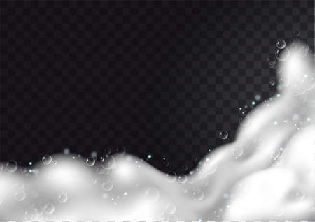 Realistic background with Soap foam. Bath laundry white bubbles, shampoo soap clean bubbling shiny washing hygiene detergent vector. Checkered transparent backgroundのイラスト素材