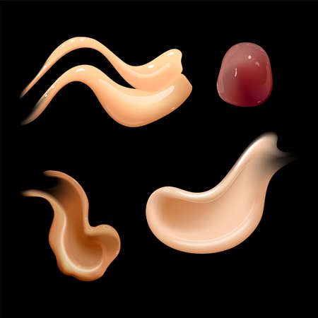 Set of realistic cosmetic cream smears. Skin toner of different body colors. Lotion smooth smear isolated vector texture on black background.のイラスト素材