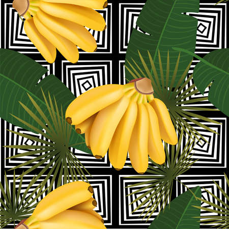 Trendy seamless pattern with baby banana bunch and tropical leaves. Vector realistic illustrationのイラスト素材