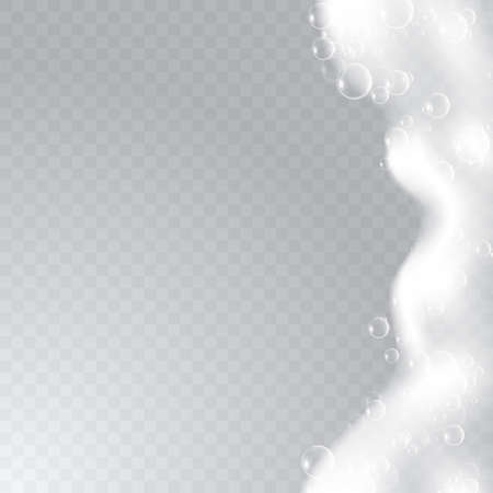Realistic background with Soap foam. Bath laundry white bubbles, shampoo soap clean bubbling shiny washing hygiene detergent vector. Checkered transparent backgroundのイラスト素材