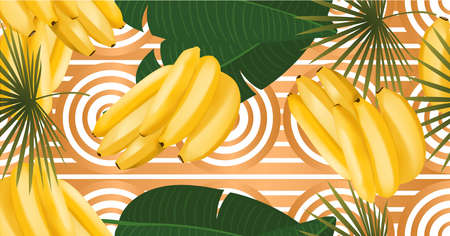 Trendy seamless pattern with realistic banana bunch and tropical leaves. Vector realistic...