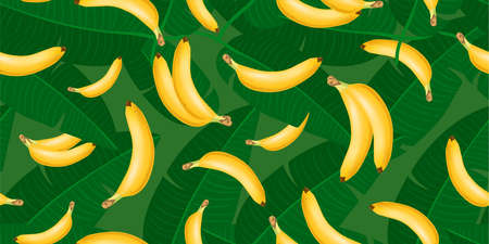 Trendy seamless pattern with realistic banana bunch and tropical leaves. Vector realistic illustrationのイラスト素材