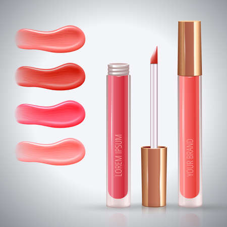 Make-up ad concept for lips with realistic creme smears of different colors, and liquid lipstick, closed and open.のイラスト素材