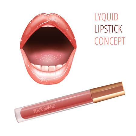 Make-up ad concept for lips with open glossy shining mouth, and liquid lipstick.のイラスト素材