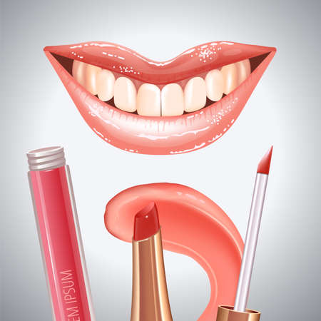 Make-up set for lips with realistic creme smear, realistic glossy shining lips and liquid lipstick.のイラスト素材