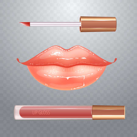 Make-up set for lips with realistic glossy shining lips and liquid lipstick.のイラスト素材