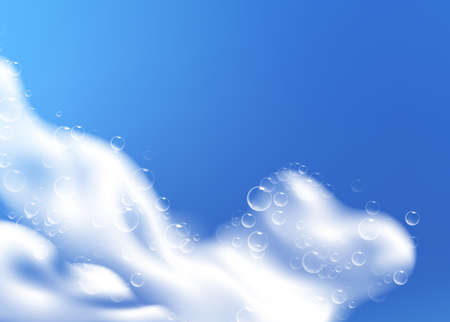 Beautiful blue background with realistic Soap foam with bubbles. Shampoo bubbles texture. Shiny washing hygiene detergent. Empty place for your text. Vector illustrationのイラスト素材